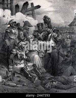 Eine Frau schützt einen verwundeten Mann auf einem Schlachtfeld vor den Soldaten um ihn herum. Lithographie von Joseph Louis-Hippolyte Bellangé. Stockfoto