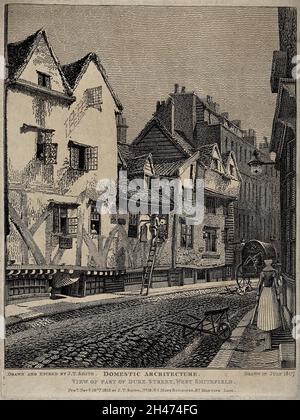 Die Kirche von St. Bartholomew the Great und Umgebung; Blick auf die Duke Street in West Smithfield, wo eine Frau mit Krücken spaziert, ein Mann auf einer Leiter eine Straßenlaterne verändert und zwei Hunde kämpfen. Radierung von J.T. Smith, Juli 1806. Stockfoto