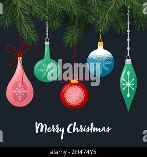 Weihnachtszusammensetzung aus Tannenzweigen und Weihnachtskugeln. Vektorgrafik, Einladungskarte Stock Vektor