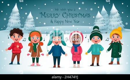 Сhildren Gesang Weihnachtslied auf verschneiten Hintergrund. Frohe Weihnachten und Glückwünsche zum neuen Jahr – Grußkarte oder Banner. Cartoon-Vektorgrafik Stock Vektor