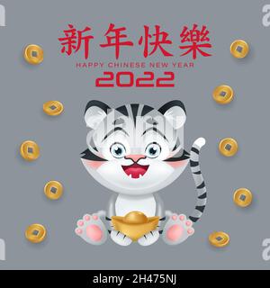 Chinesisches Neujahrsgruss-Banner mit niedlichem Tiger und Barren, Münze. Translation Frohes neues Jahr. Chinesischer Tierkreis. Cartoon-Vektorgrafik Stock Vektor