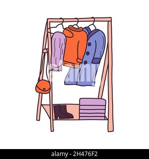 Moderne Holzbodenständer für Kleidung, Schiene. Die Tasche hängt an der Seite. Mantel, Schal und warmer Pullover. Im Regal befinden sich Schuhe und eine Schachtel. Farbenfroh Stock Vektor