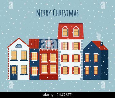 Weihnachten und Neujahr Grußkarte mit niedlichen Häusern und Schnee Hintergrund. Vektorgrafik im flachen Stil Stock Vektor
