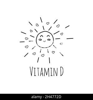 Fröhliche Sonne lächelt. Strahlen mit Herzen. Text Vitamin D. Schwarz-Weiß-Vektor isolierte Illustration Doodle. Die Pflege Ihrer Gesundheit, natürliche bereichern Stock Vektor