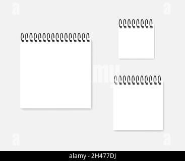 Quadratisches weißes Papierblatt mit spiralförmigem, realistischem Modell. Leerer ringgebundener Kalender, Vektor-Modell-Set Stock Vektor