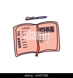 Öffnen Sie den Planer. Planung und Erstellung einer Liste von Aufgaben für den Tag. Der Stift befindet sich daneben. Bunte Vektor isolierte Illustration von Hand gezeichnet. Morgendliche Routine Stock Vektor