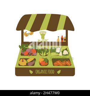Stallschalter. Verkauf von umweltfreundlichen Bio-Produkten, Gemüse und Obst. Öko-Lebensmittel. Bunte Vektor isoliert Karikatur Illustration Stock Vektor