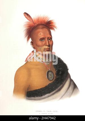 Handkolorierte Lithographie eines Porträts von Sharitarish (Wicked Chief), Pawnee-Chef aus dem Buch "Geschichte der indischen Stämme Nordamerikas mit biografischen Skizzen und Anekdoten der wichtigsten Häupter. Band 2 von 3 von Thomas Loraine, McKenney und James Hall Esq. Veröffentlicht im Jahr 1842, gemalt von Charles Bird King Stockfoto