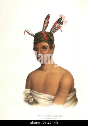 Wakaun Haka, Ein Chef von Winnebago Handkolorierte Lithographie eines Portraits aus dem Buch "Geschichte der Indianerstämme Nordamerikas mit biografischen Skizzen und Anekdoten der Hauptchefs. Band 2 von 3 von Thomas Loraine, McKenney und James Hall Esq. Veröffentlicht im Jahr 1842, gemalt von Charles Bird King Stockfoto