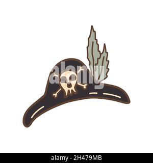 Piratenhut mit Totenkopf und Federn. Bunte Vektor isoliert Illustration Hand gezeichnet Umriss Outfit Element Stock Vektor