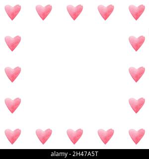 Quadratischer Rahmen aus handbemalten rosa Aquarell-Herzen. Süß und romantisch, perfekt zum Valentinstag Gruß. Stockfoto