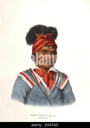 Foke Luste Hjo, Seminole war Chief Handkolorierte Lithographie eines Portraits aus dem Buch "Geschichte der Indianerstämme Nordamerikas mit biografischen Skizzen und Anekdoten der Hauptchefs. Band 2 von 3 von Thomas Loraine, McKenney und James Hall Esq. Veröffentlicht im Jahr 1842, gemalt von Charles Bird King Stockfoto