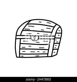 Große geschlossene Schatzkiste aus Holz. Schwarz-Weiß-Vektor isolierte Illustration von Hand gezeichnet. Vintage Koffer schwer und Mystery Doodle Stock Vektor