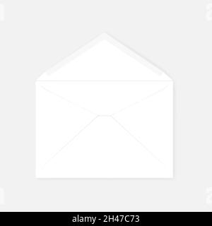 Offener C4-Umschlag aus weißem Papier mit gummierter Dichtung auf grauem Hintergrund, V-Klappenmuster. Vektormodell Stock Vektor