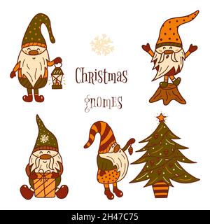 Set von niedlichen kleinen Weihnachtsgnomen. Bunte Vektorgrafik handgezeichnete isolierte Karte. Weihnachtsbaum, Geschenkbox und Taschenlampe. Urlaub und Fest Stock Vektor