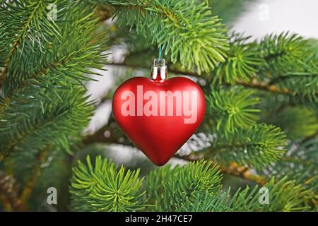 Rote herzförmige Weihnachtskugel auf geschmücktem Weihnachtsbaum Stockfoto