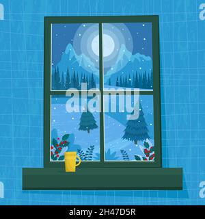 Fenster mit winterlicher Nachtlandschaft. Niedliche Vektor-Illustration in flachem Stil Stock Vektor