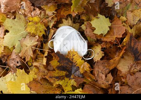 FFP2-Maske im Laub, vierte Corona-Welle im Herbst, Österreich, Europa - FFP2 Maske im Laub, vierte Koronawelle im Herbst, Österreich, Europa Stockfoto