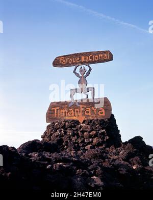 National Park Fire Devil Emblem/Logo, Nationalpark Timanfaya, Lanzarote, Kanarische Inseln, Spanien. Stockfoto