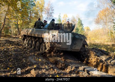 Hradec Kralove, Tschechische Republik. Oktober 2021. Am 30. Oktober 2021 überquerten Räder und durchgehende Spuren schwerer Militärfahrzeuge das Naturdenkmal Na Plachte am Rande von Hradec Kralove, Tschechien. Ungewöhnliche Landschaftsgestaltung hilft, den Standort in einem Zustand zu halten, der für das Leben seltener natürlicher Arten geeignet ist. Quelle: Josef Vostarek/CTK Photo/Alamy Live News Stockfoto