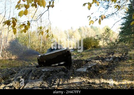 Hradec Kralove, Tschechische Republik. Oktober 2021. Am 30. Oktober 2021 überquerten Räder und durchgehende Spuren schwerer Militärfahrzeuge das Naturdenkmal Na Plachte am Rande von Hradec Kralove, Tschechien. Ungewöhnliche Landschaftsgestaltung hilft, den Standort in einem Zustand zu halten, der für das Leben seltener natürlicher Arten geeignet ist. Quelle: Josef Vostarek/CTK Photo/Alamy Live News Stockfoto