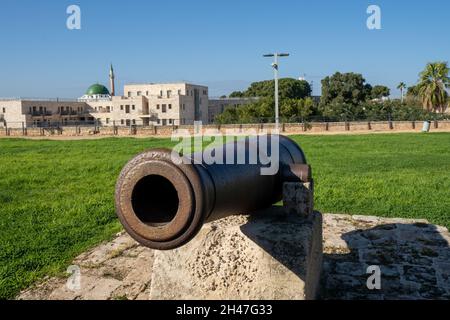 Alte, rostige Kanonen auf den befestigten Mauern der alten Stadt Akko Israel schützen den Hafen und die Stadt vor der Invasion der Marine. Jetzt eine historische Esplana Stockfoto