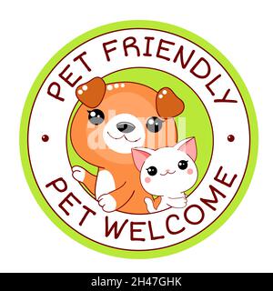 Tierfreundliches Vektoretikett. Stempel oder Aufkleber mit haustierfreundlichem Text. Kawaii Welpe und Kitty im Kreis. Tierarztpraxis, Etikett, Aufkleber. Beschriftung Stock Vektor