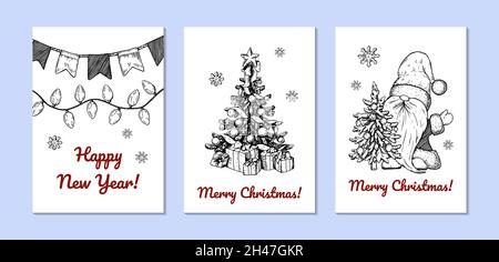 Handgezeichnete Weihnachtskarten mit Weihnachtsmann und Weihnachtsbaum. Vektorgrafik im Skizzenstil Stock Vektor