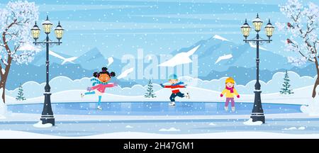 Winterszene mit Schlittschuhkindern. Stock Vektor