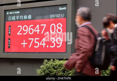 Tokio, Japan. November 2021. Fußgänger passieren am Montag, den 1. November 2021, vor einem Aktienkursen-Board in Tokio. Die japanischen Aktienkurse stiegen um 754.39 Yen, um an der Börse in Tokio bei 29,647.08 Yen zu schließen, als Japans Regierungskoalition die Parlamentswahlen gewann. Quelle: Yoshio Tsunoda/AFLO/Alamy Live News Stockfoto