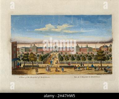 Das Krankenhaus von Bethlem [Bedlam] in Moorfields, London: Von Norden aus gesehen, mit Menschen im Vordergrund. Farbige Gravur, c. 1771. Stockfoto