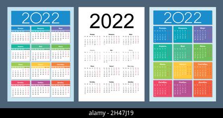 Kalender 2022. Russische Sprache. Design-Vorlage für vertikalen Kalender. Grundraster. Isolierte Vektordarstellung. Stock Vektor