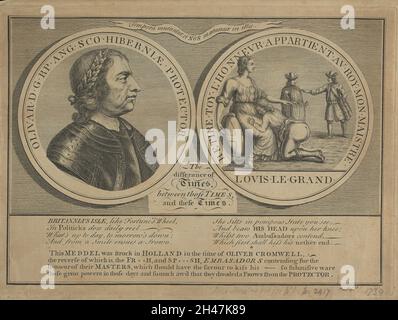 Oliver Cromwell (links) und der Beschützer knieten mit dem Kopf auf dem Schoß von Britannia (rechts): Zwei Rundungen. Gravur, 1739. Stockfoto