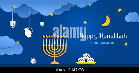 Happy Hanukkah, Jüdisches Festival der Lichter, Papierschnitt-Grußbanner. Chanukah-Symbole Dreidels, Kreisel, hebräische Buchstaben, Menorah-Kerzen, Ölkrug Stock Vektor