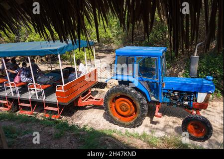 Eine Traktorfähre, die einen Planwagen mit Gästen fährt, Chale Island, Kenia Stockfoto