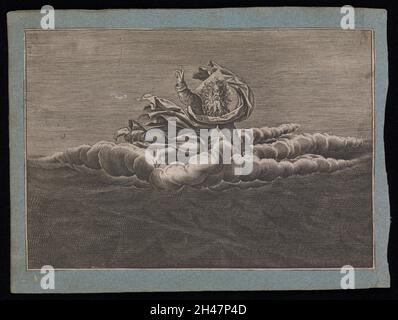 Der erste Tag der Schöpfung: Gott, getragen von einer Wolke, trennt das Licht von der Finsternis. Linienstich von T. de Leu nach M. de Vos. Stockfoto