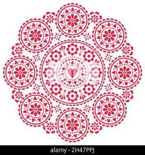 Skandinavischer Folk-Stil Vektor dekoratives Mandala-Muster mit Blumen und Herzen, Valentinstag Grußkarte oder Hochzeit Einladung Design Stock Vektor