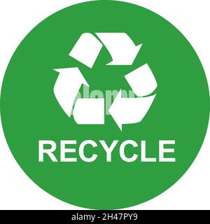 Symbol für Recycling-Zeichen. Weiß auf grünem runden Hintergrund. Symbol für wiederverwertbaren Abfall. Stock Vektor