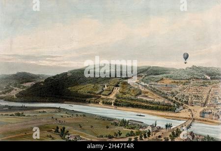 Saint-Cloud, Boulogne und die Pont de Saint-Cloud über der seine, von einem Ballon aus gesehen. Kolorierte Lithographie von Jules Arnout nach ihm, 1846. Stockfoto