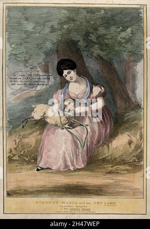 Eine Frau wie Maria hält ein Haustier Lamm in ihrem Schoß; sie repräsentiert Caroline Norton und ihre Beziehung zu William Lamb, Lord Melbourne. Kolorierte Lithographie von H. Heath, ca. 1836. Stockfoto