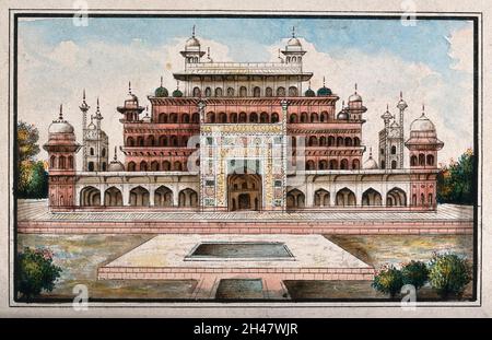 Sikandra, in der Nähe von Agra, Uttar Pradesh: Mausoleum des Imperators Akbar. Aquarell. Stockfoto