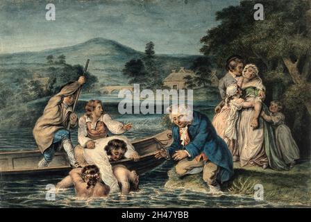 Ein Mann, der mit dem Boot gebracht wurde, ertrank offenbar, seine Frau und seine Familie trauern am Ufer. Aquarell von R. Smirke. Stockfoto