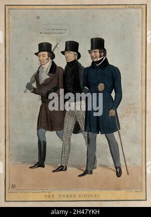 Lord Ellenborough, Lord Brougham und dem Grafen von Mansfield gehen zusammen Arm in Arm. Farbige Lithographie von H.B. (John Doyle), 1838. Stockfoto