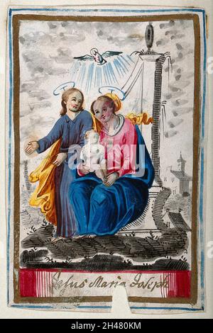 Die heilige Maria (die selige Jungfrau) und der heilige Josef mit dem Christkind. Gouache malen. Stockfoto