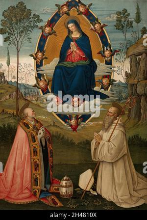 Heilige Maria (die selige Jungfrau) in Herrlichkeit mit dem heiligen Gregor und dem heiligen Benedikt. Chromolithographie von C. Schultz, 1880, nach Fattorini nach B. Betti, il Pintoricchio. Stockfoto