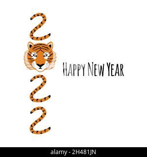 Karte zum frohen Neujahr. 2022 Jahr des Tigers Grüße. Tiger-Zeichen und handgezeichnete Beschreibung Stock Vektor