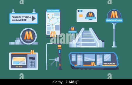 U-Bahn-System. Stadtstadt U-Bahn Elemente Zug Gepäck Passagiere Metropolregion Schienen Transport U-Bahn Bus Treppen Turnsite grellen Vektor flach Stock Vektor