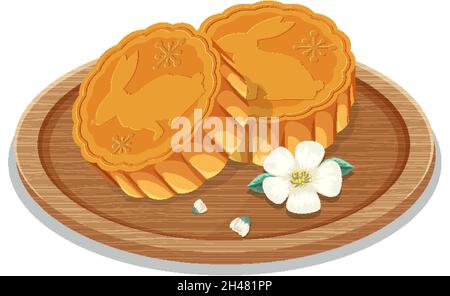 Hasenmooncakes auf Holzplatte Illustration Stock Vektor