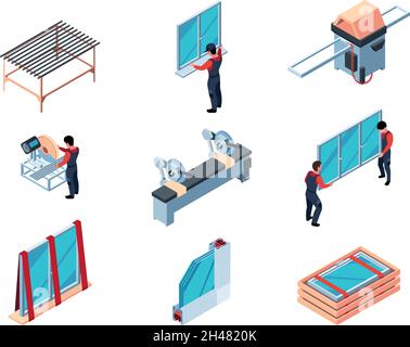 Kunststofffenster befestigen. Moderne Inneneinrichtung Renovierung pvc-Material Arbeiter Installation Tür und Fenster grellen Vektor isometrische Illustrationen Stock Vektor