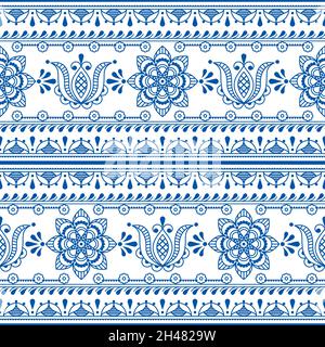 Skandinavische Volkskunst Umriss Vektor nahtlose Textil- oder Stoffdruck mit Blumen und Blättern inspiriert von Spitze und Stickerei Hintergründe Stock Vektor